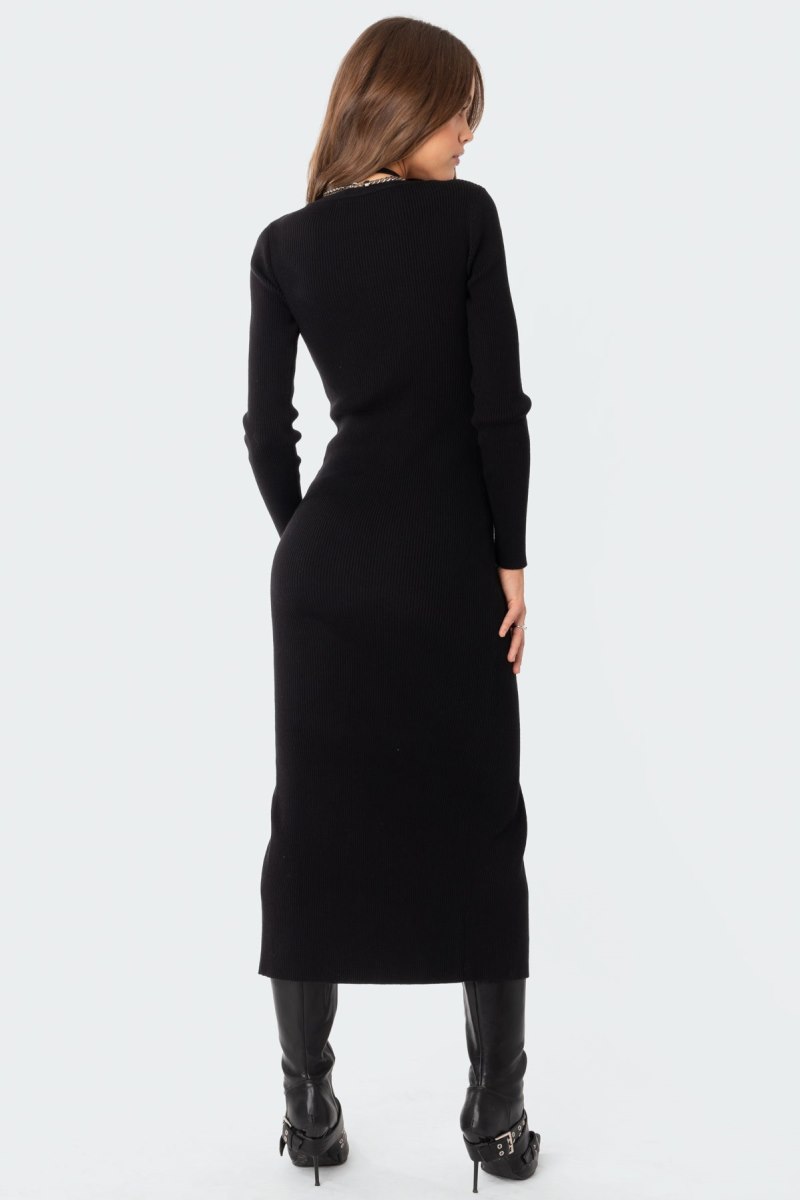 Edikted Jazlyn Knitted Button Up Maxi Long Sleeve Dress Black | USA YB313561Q9