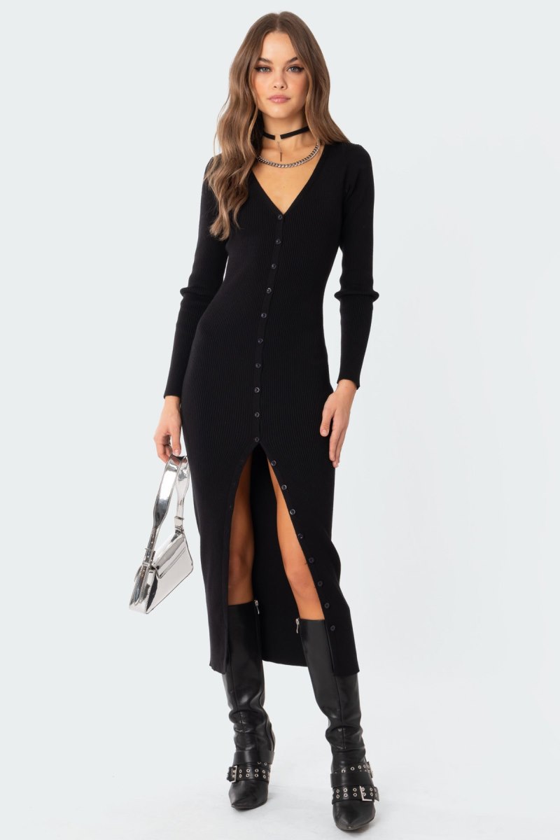 Edikted Jazlyn Knitted Button Up Maxi Long Sleeve Dress Black | USA YB313561Q9