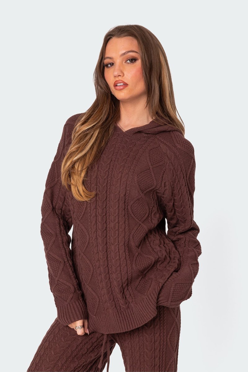 Edikted Jelena Cable Knit Hoodie Long Sleeve Tops Brown | USA RD655225V7