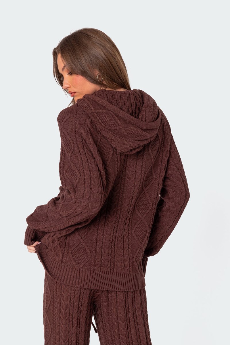 Edikted Jelena Cable Knit Hoodie Long Sleeve Tops Brown | USA RD655225V7