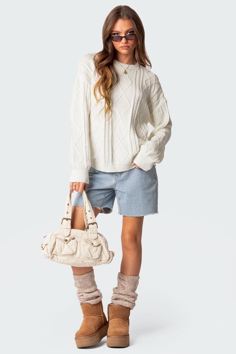 Edikted Jessy Cable Knit Oversized Sweater Long Sleeve Tops Blue | USA MX545884O5
