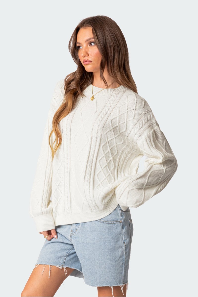Edikted Jessy Cable Knit Oversized Sweater Long Sleeve Tops Blue | USA MX545884O5