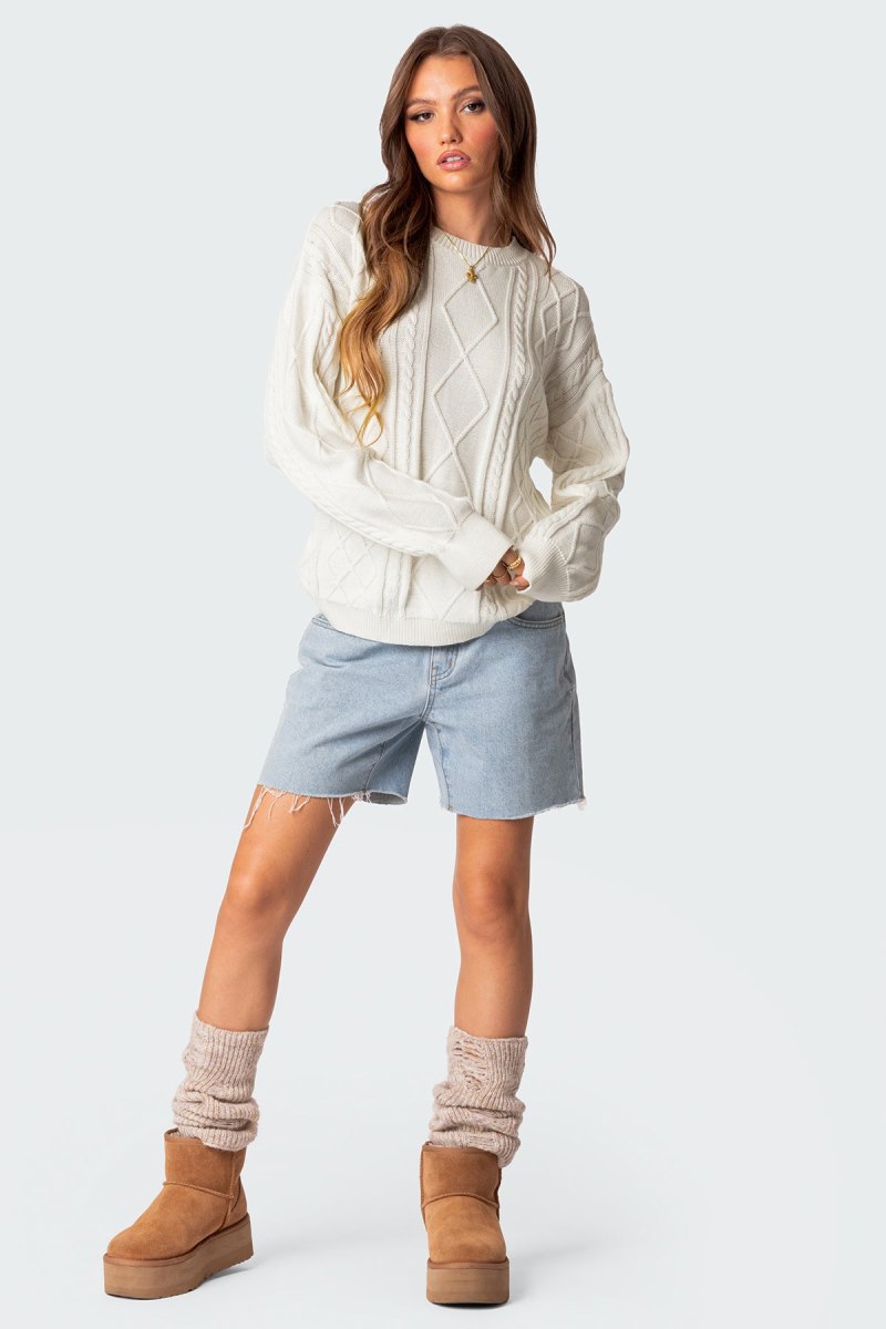Edikted Jessy Cable Knit Oversized Sweater Long Sleeve Tops Blue | USA MX545884O5