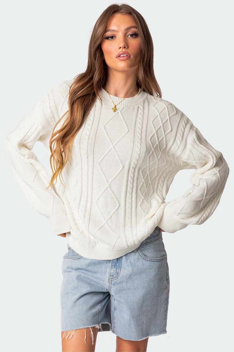 Edikted Jessy Cable Knit Oversized Sweater Long Sleeve Tops Blue | USA MX545884O5