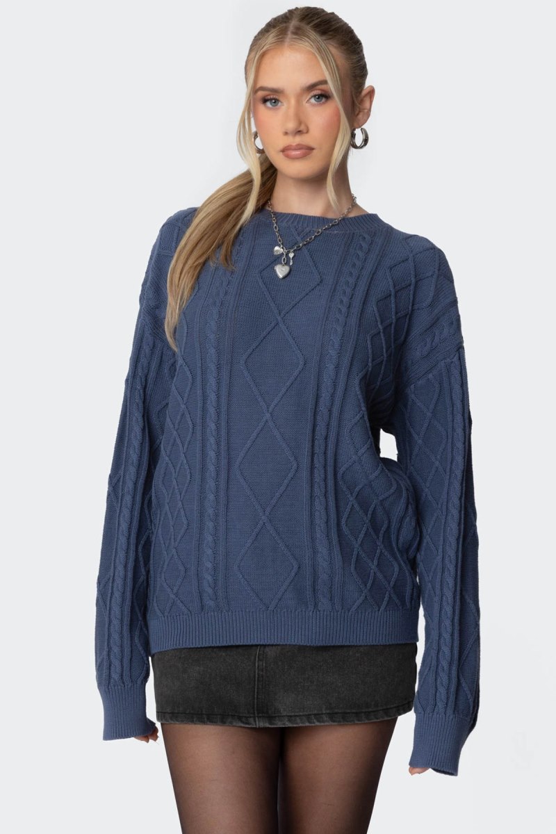 Edikted Jessy Cable Knit Oversized Sweater Long Sleeve Tops Blue | USA JX989258P8