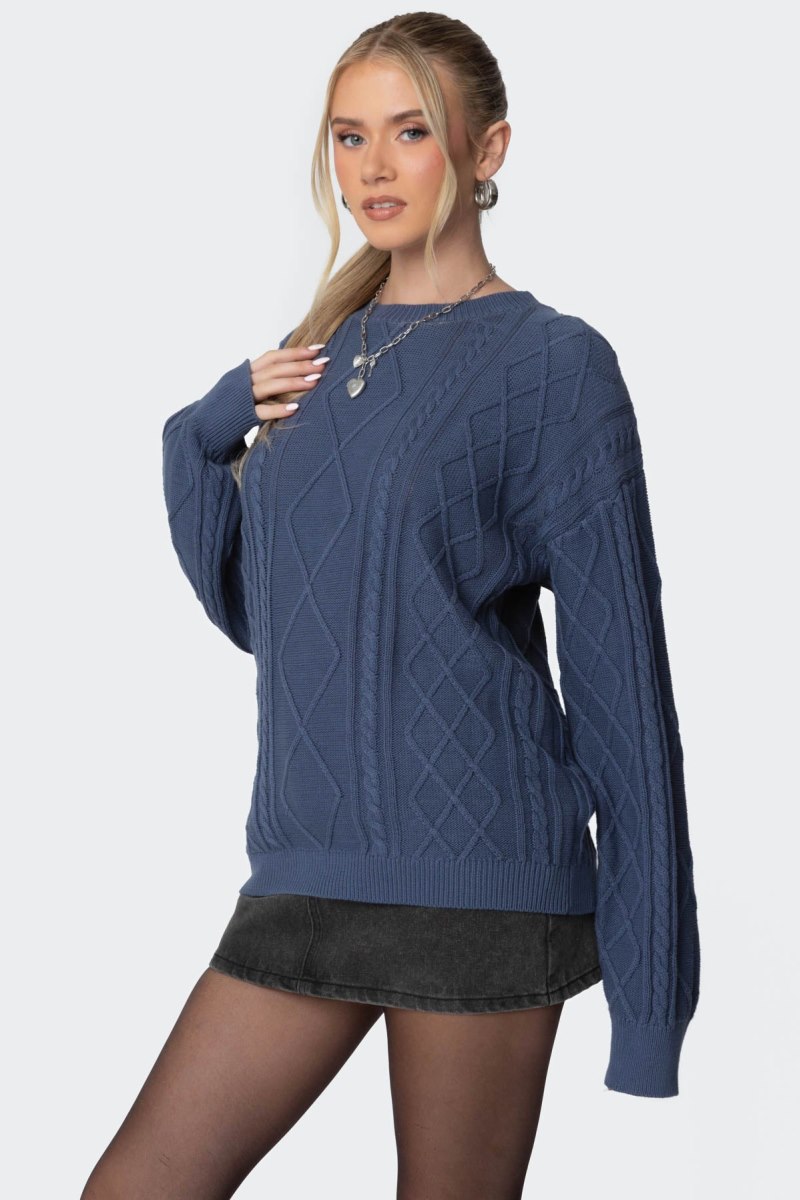 Edikted Jessy Cable Knit Oversized Sweater Long Sleeve Tops Blue | USA JX989258P8