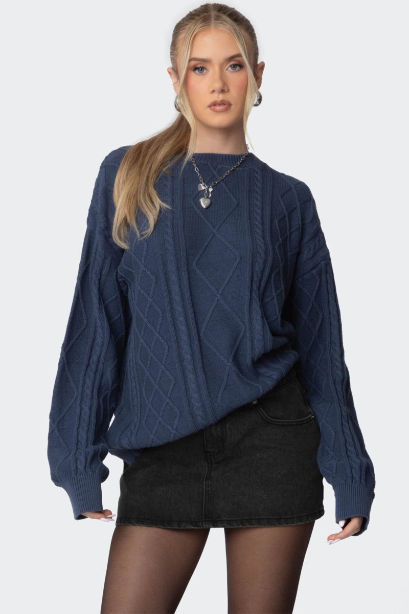 Edikted Jessy Cable Knit Oversized Sweater Long Sleeve Tops Blue | USA JX989258P8