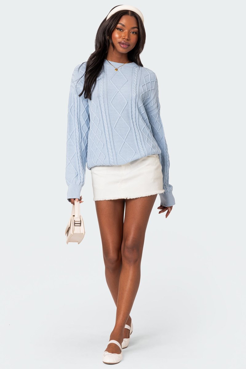 Edikted Jessy Cable Knit Oversized Sweater Blue | USA IW425512R4