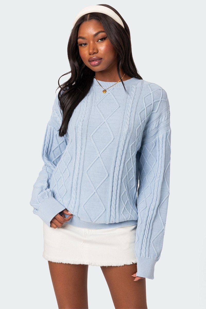 Edikted Jessy Cable Knit Oversized Sweater Blue | USA IW425512R4