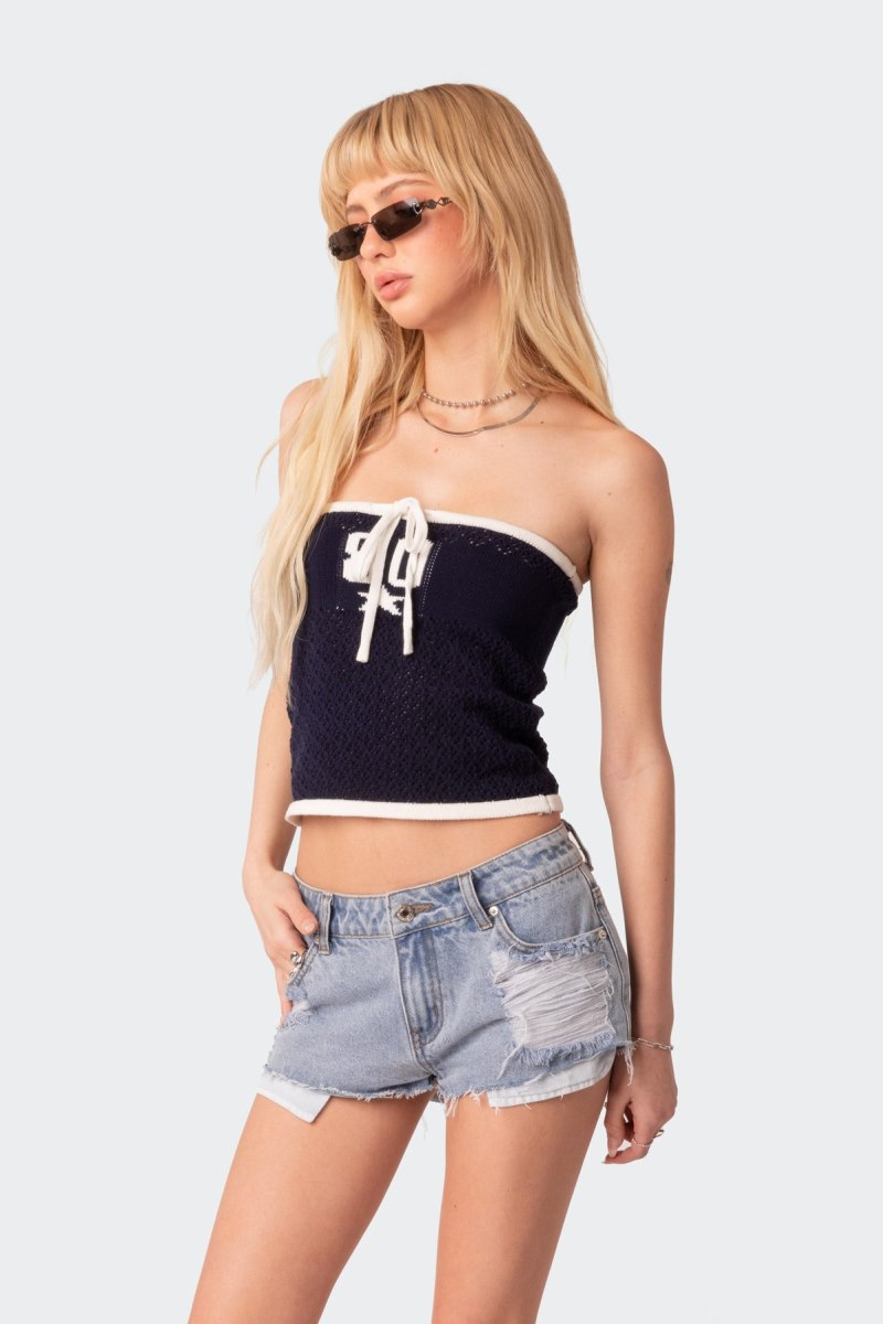 Edikted Jia Knitted Tube Strapless Tops Navy | USA BJ179957L9