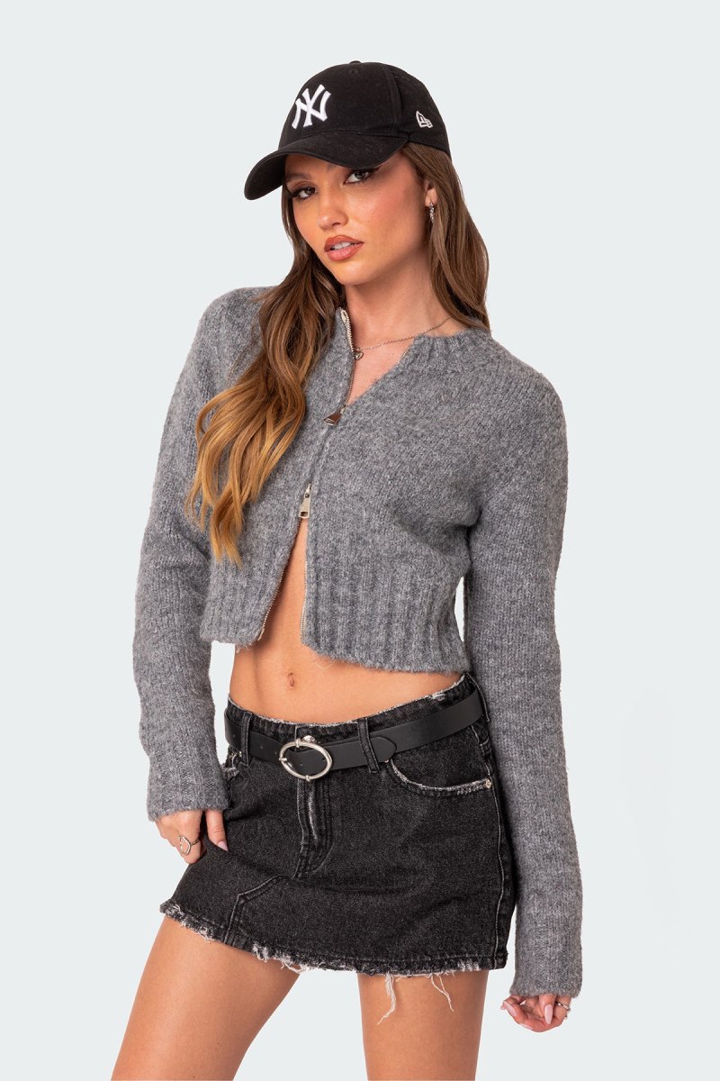 Edikted Jillian Double Zip Cardigan Long Sleeve Tops Dark Gray Melange | USA RV959605K5