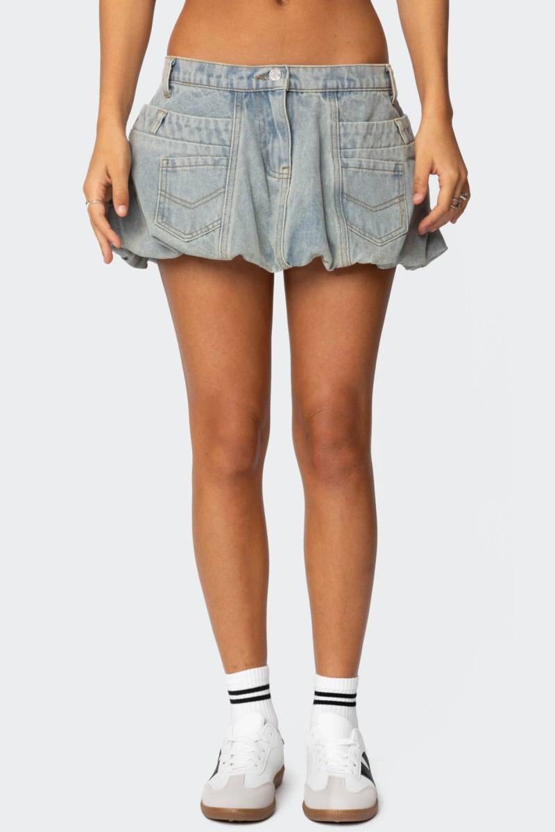 Edikted Jodi Denim Bubble Mini Skirts Blue Washed | USA DP714061R8