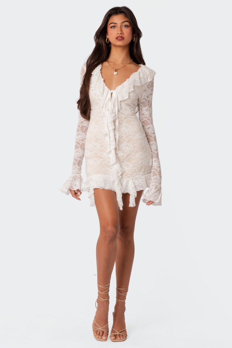 Edikted Josephine Ruffle Lace Mini Long Sleeve Dress Cream | USA CP605860Y3