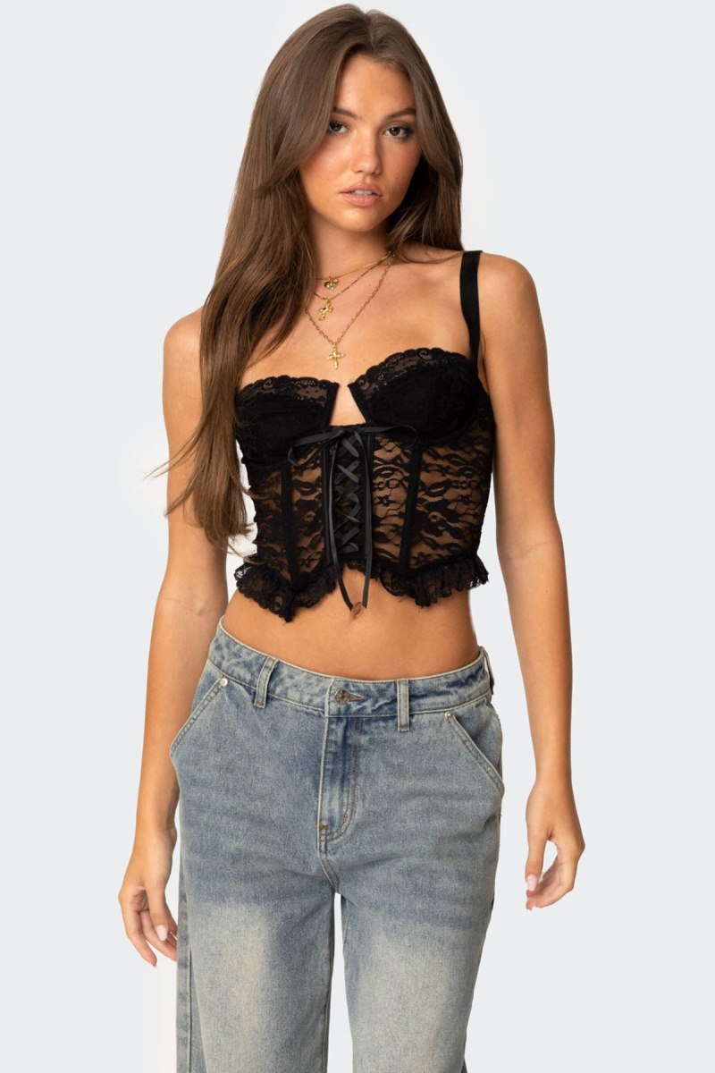 Edikted Josslyn Sheer Lace Corset Black | USA TN355045M2