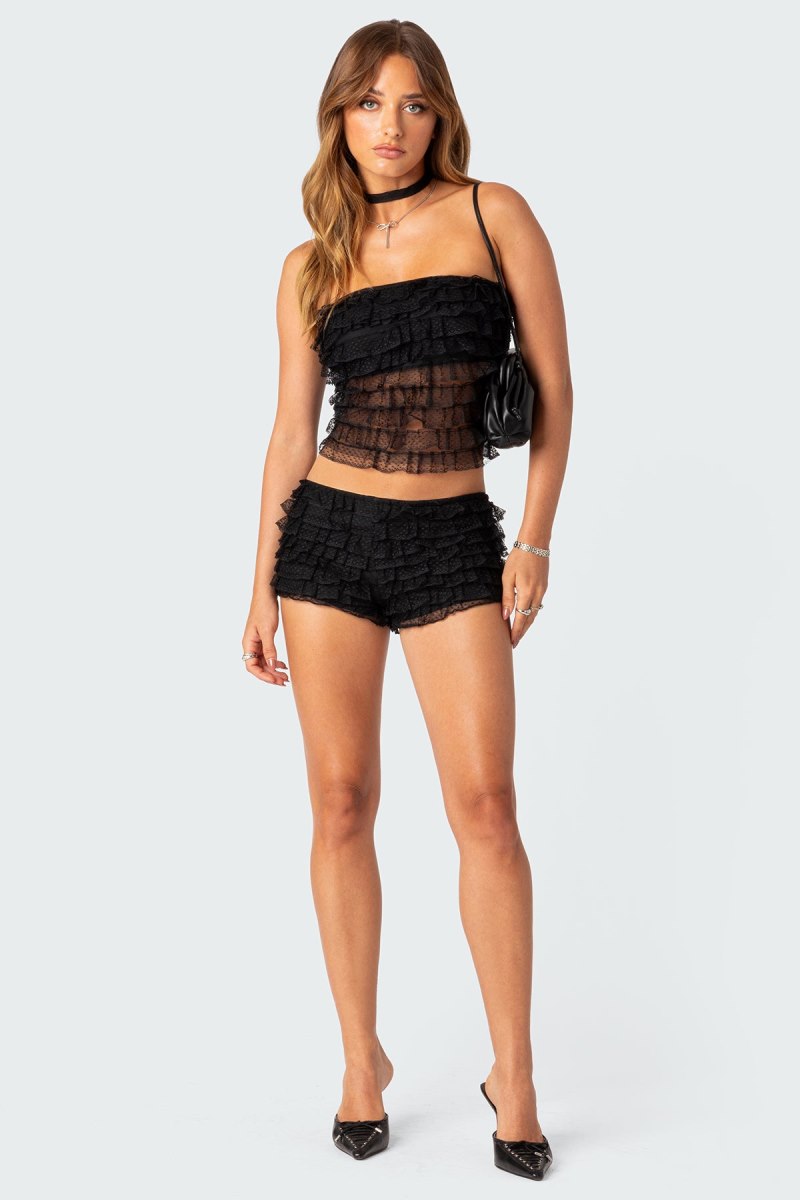 Edikted Julianna Sheer Ruffle Tube Strapless Tops Black | USA TI574317A0