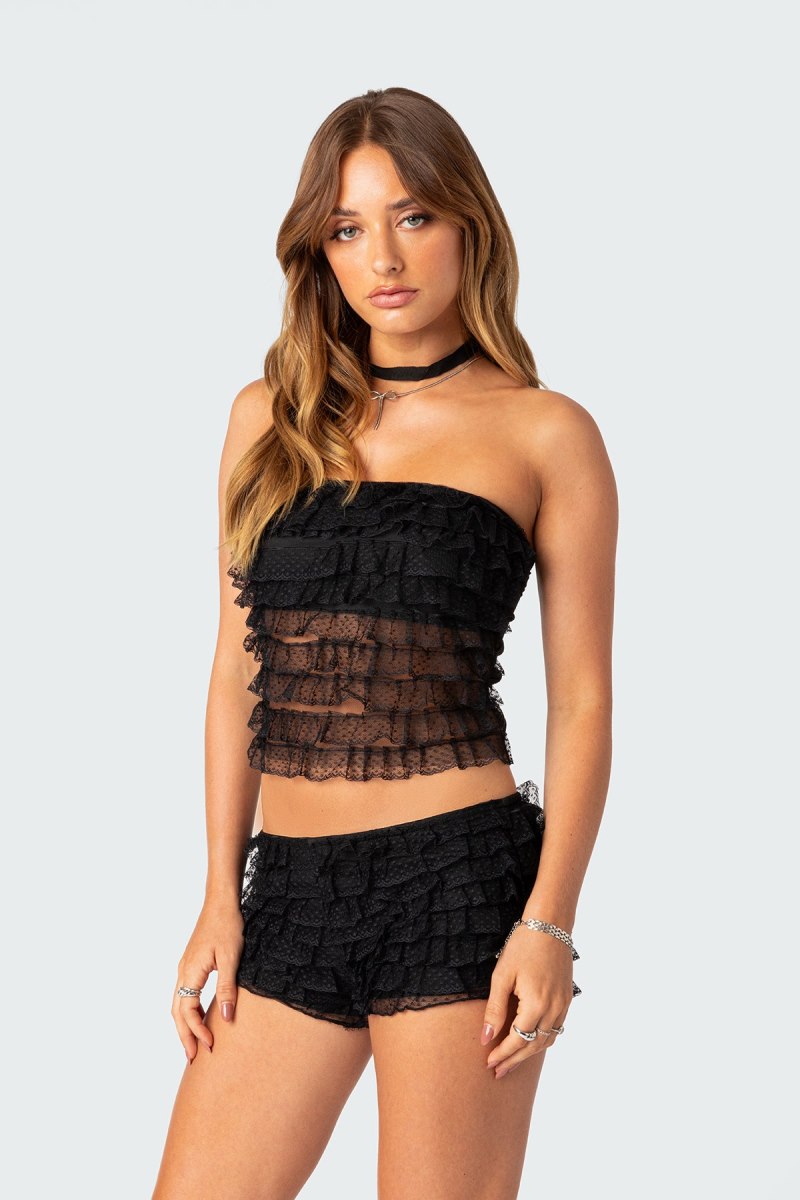 Edikted Julianna Sheer Ruffle Tube Strapless Tops Black | USA TI574317A0