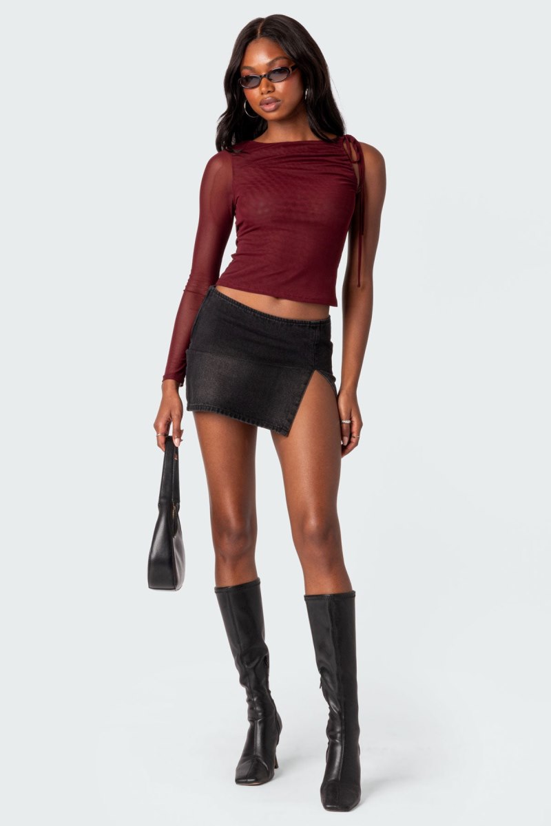 Edikted Jupiter One Shoulder Mesh Long Sleeve Tops Burgundy | USA XZ193959X5