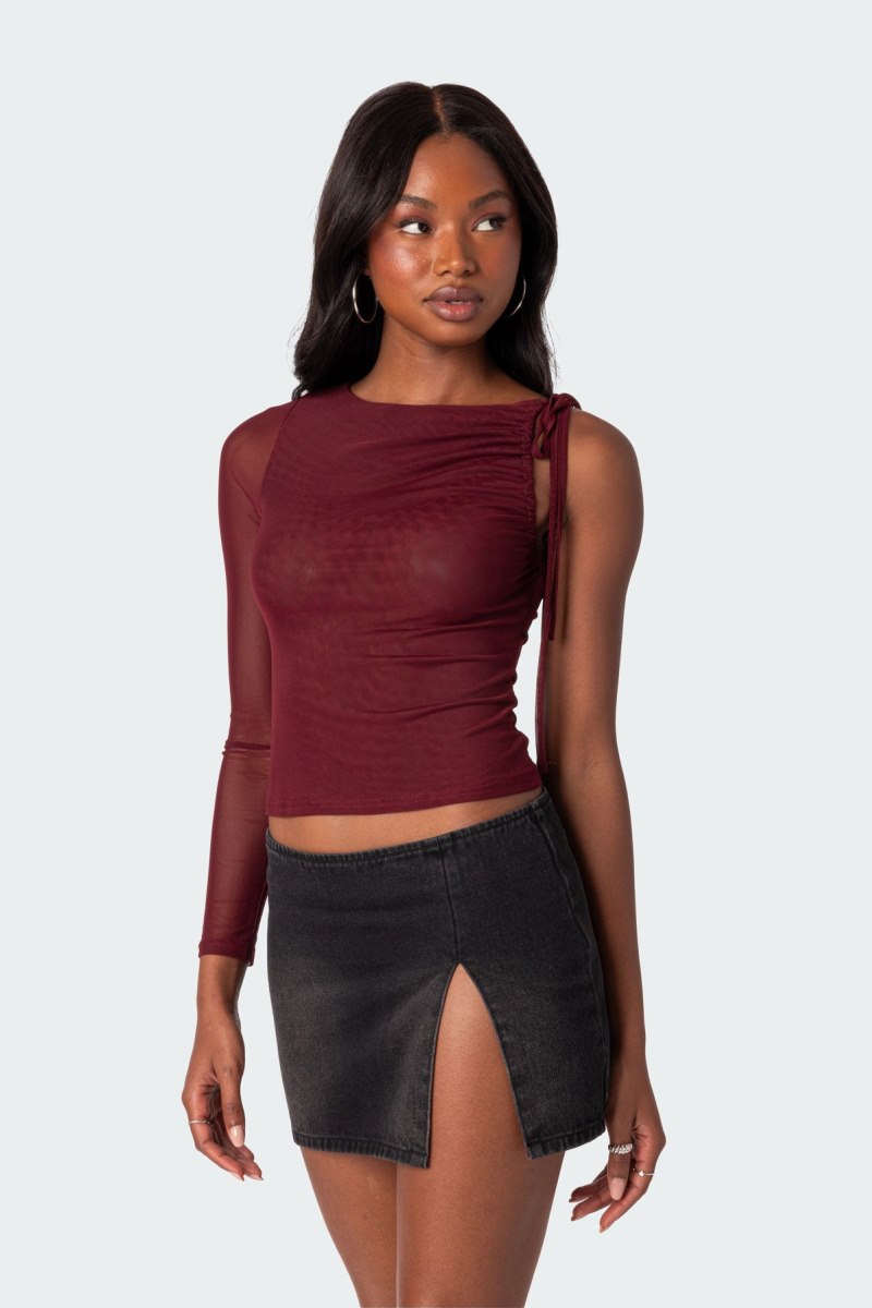 Edikted Jupiter One Shoulder Mesh Long Sleeve Tops Burgundy | USA XZ193959X5