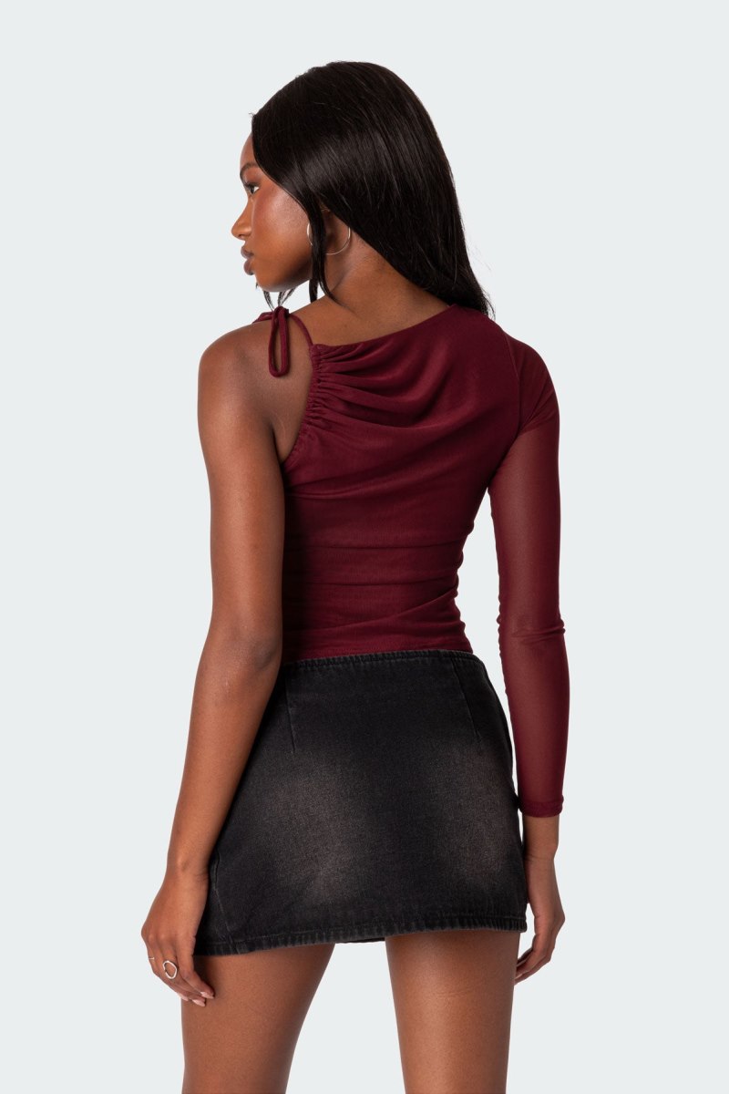 Edikted Jupiter One Shoulder Mesh Long Sleeve Tops Burgundy | USA XZ193959X5