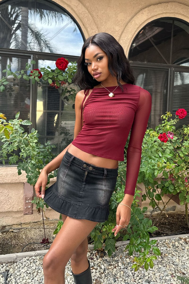 Edikted Jupiter One Shoulder Mesh Long Sleeve Tops Burgundy | USA XZ193959X5