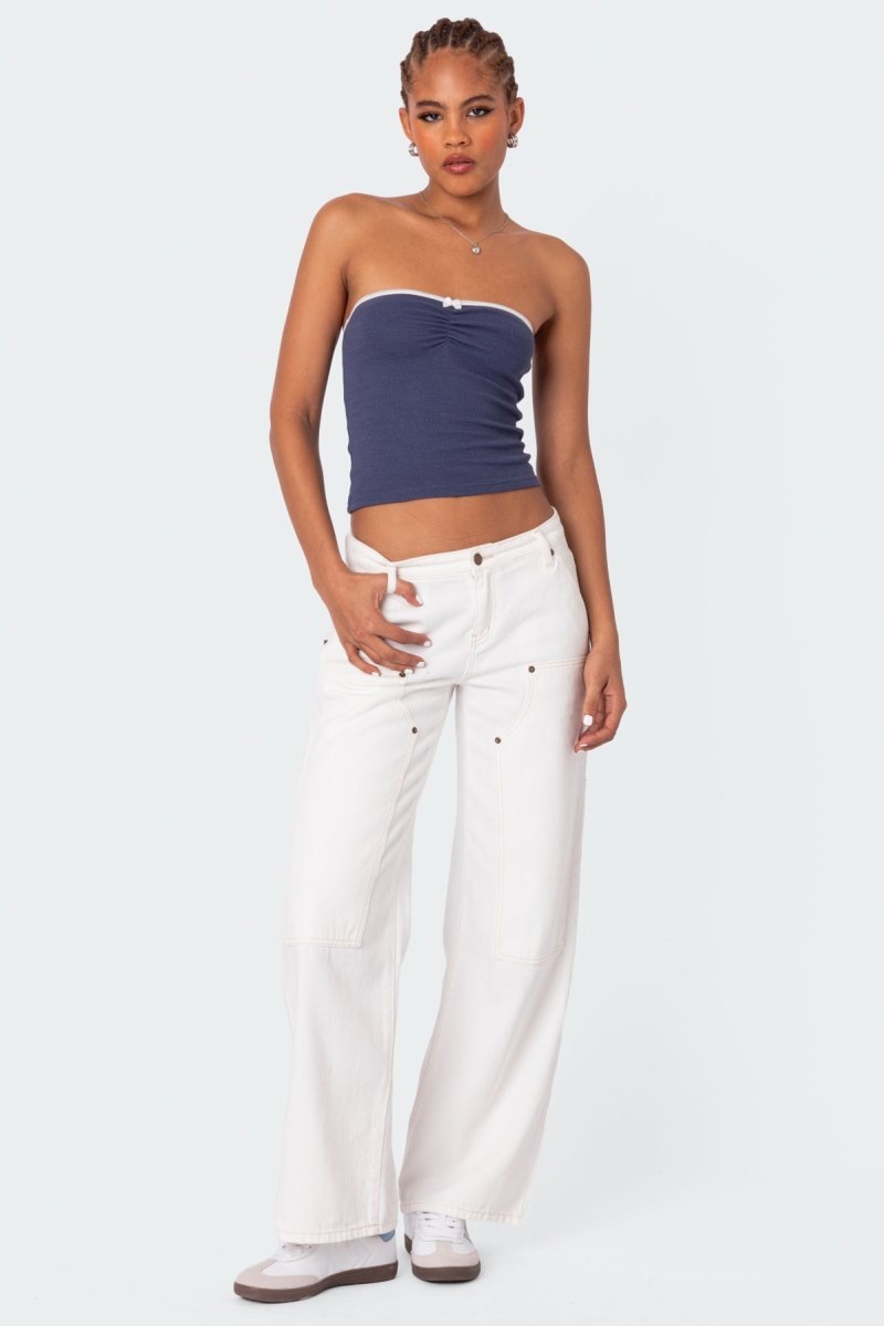 Edikted Kacey Strapless Waffle Strapless Tops Dark Blue | USA MO118861I1