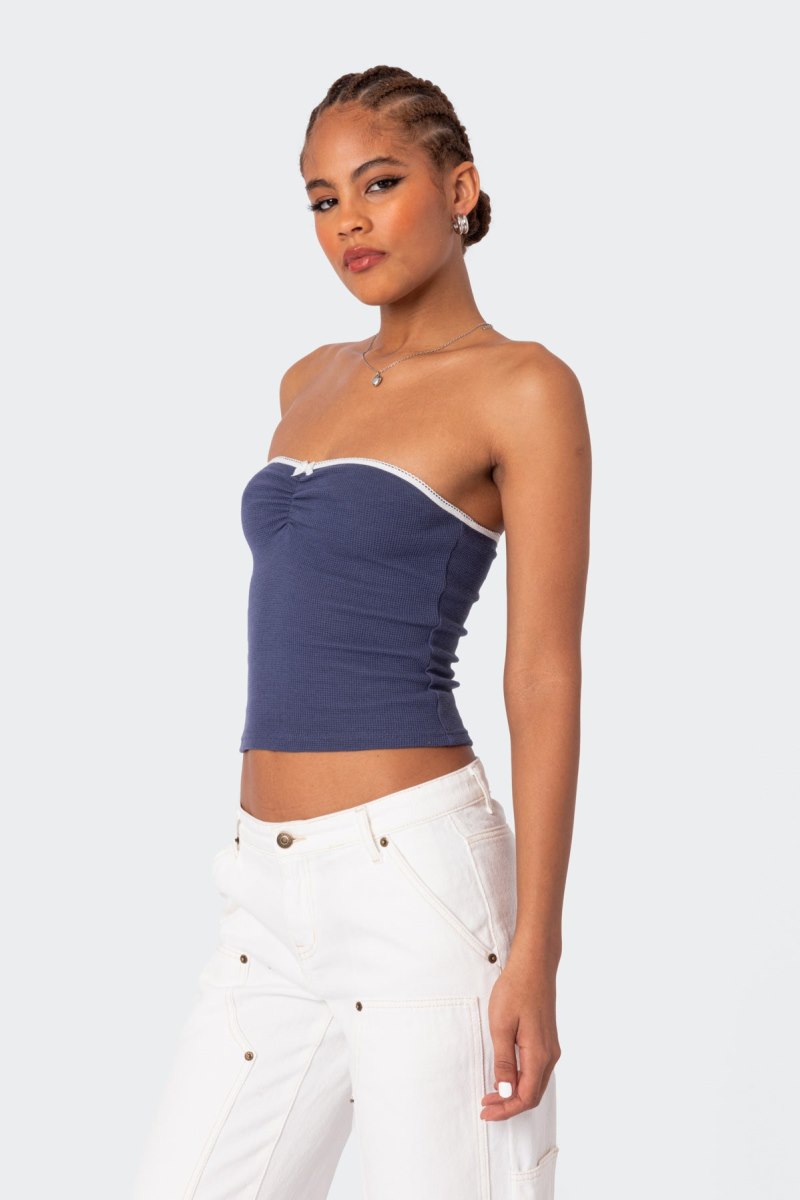 Edikted Kacey Strapless Waffle Strapless Tops Dark Blue | USA MO118861I1
