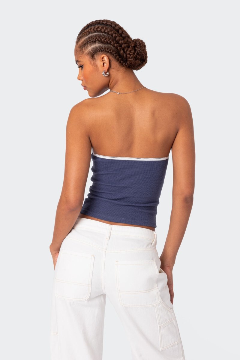 Edikted Kacey Strapless Waffle Strapless Tops Dark Blue | USA MO118861I1