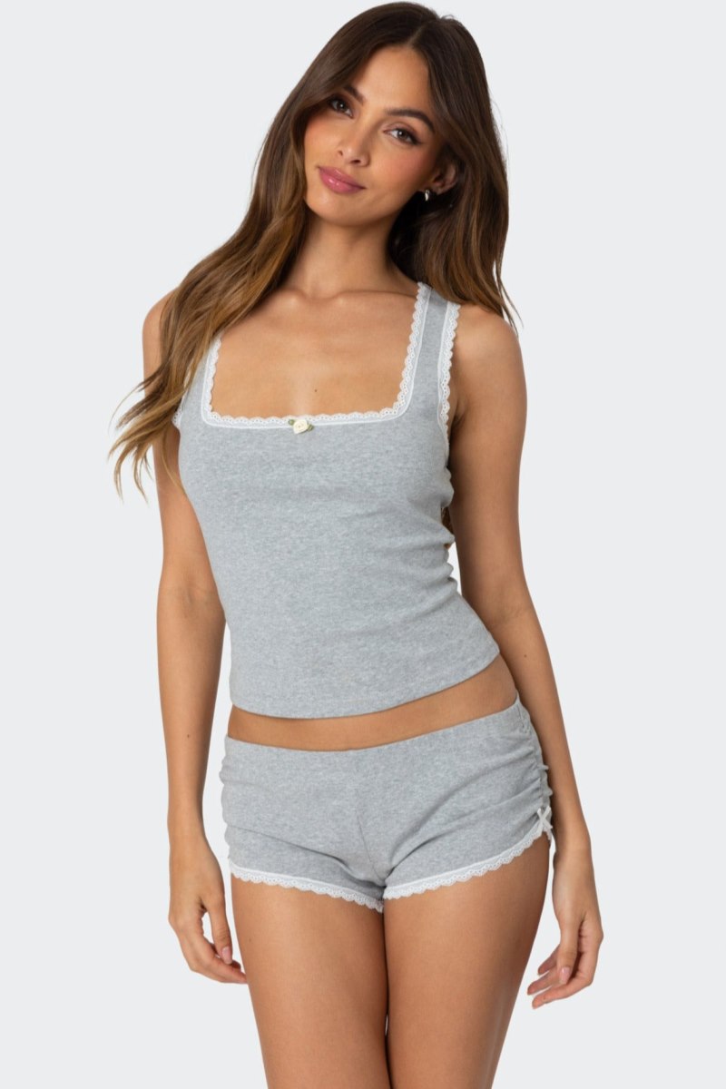 Edikted Kadence Lace Trim Tank Top Gray Melange | USA PW668206K0
