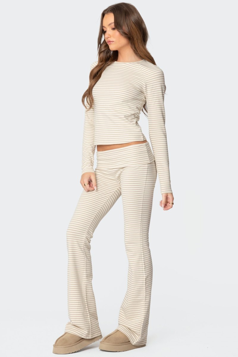 Edikted Kaeli Stripey Flared Leggings Pants Beige | USA KT433473S4
