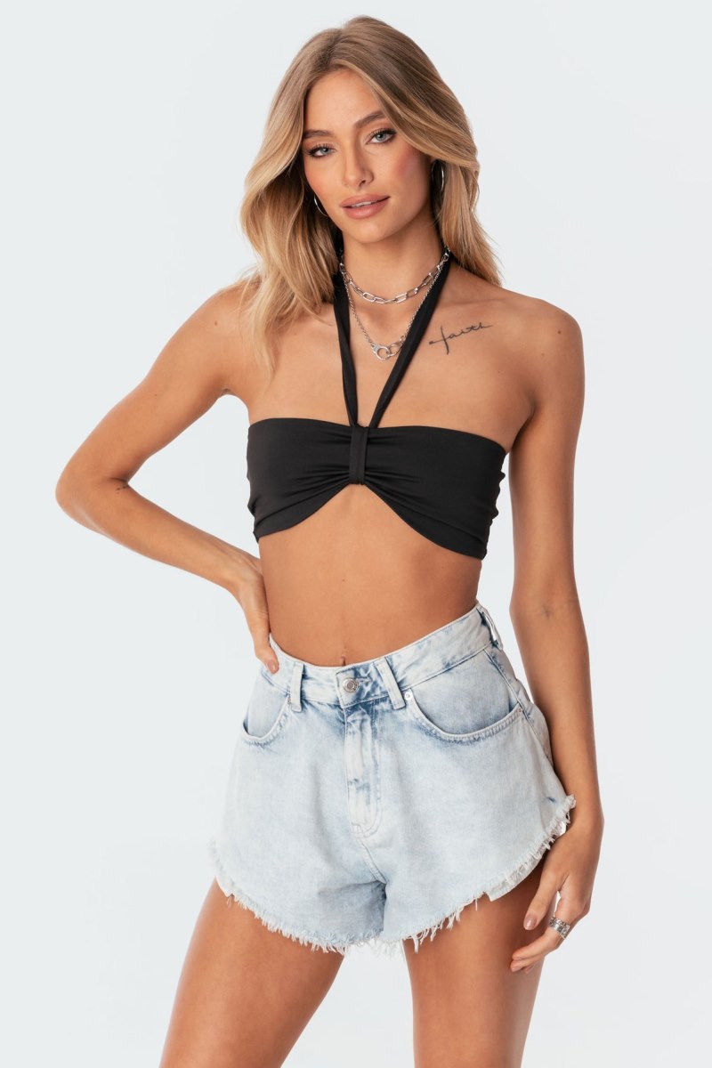 Edikted Kai Adjustable Strapless Crop Tops Black | USA NI464886D7