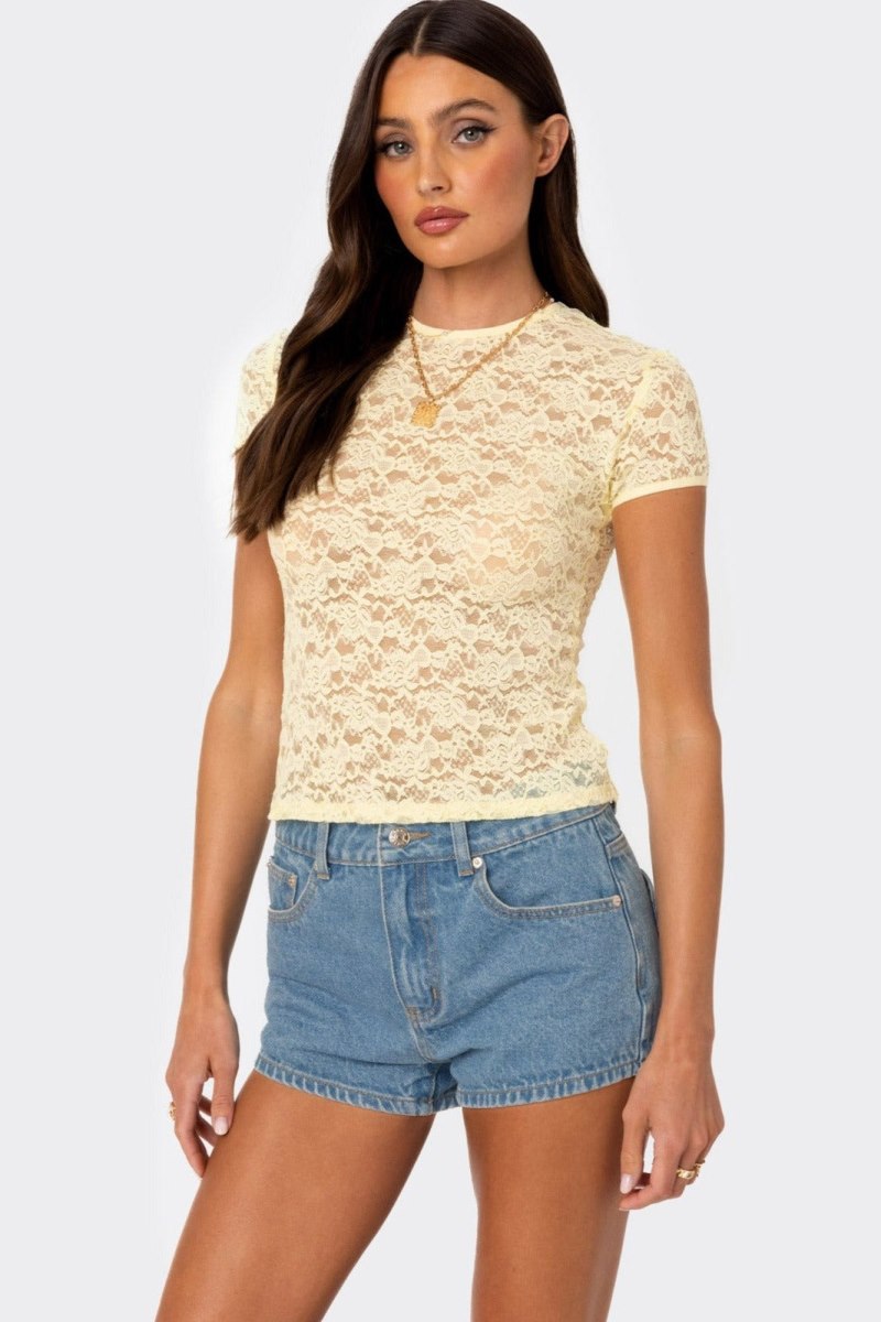 Edikted Kaori Sheer Lace T Shirts Black | USA RZ611371P5