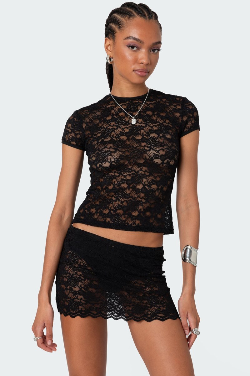 Edikted Kaori Sheer Lace T Shirts Black | USA ZC289008V1
