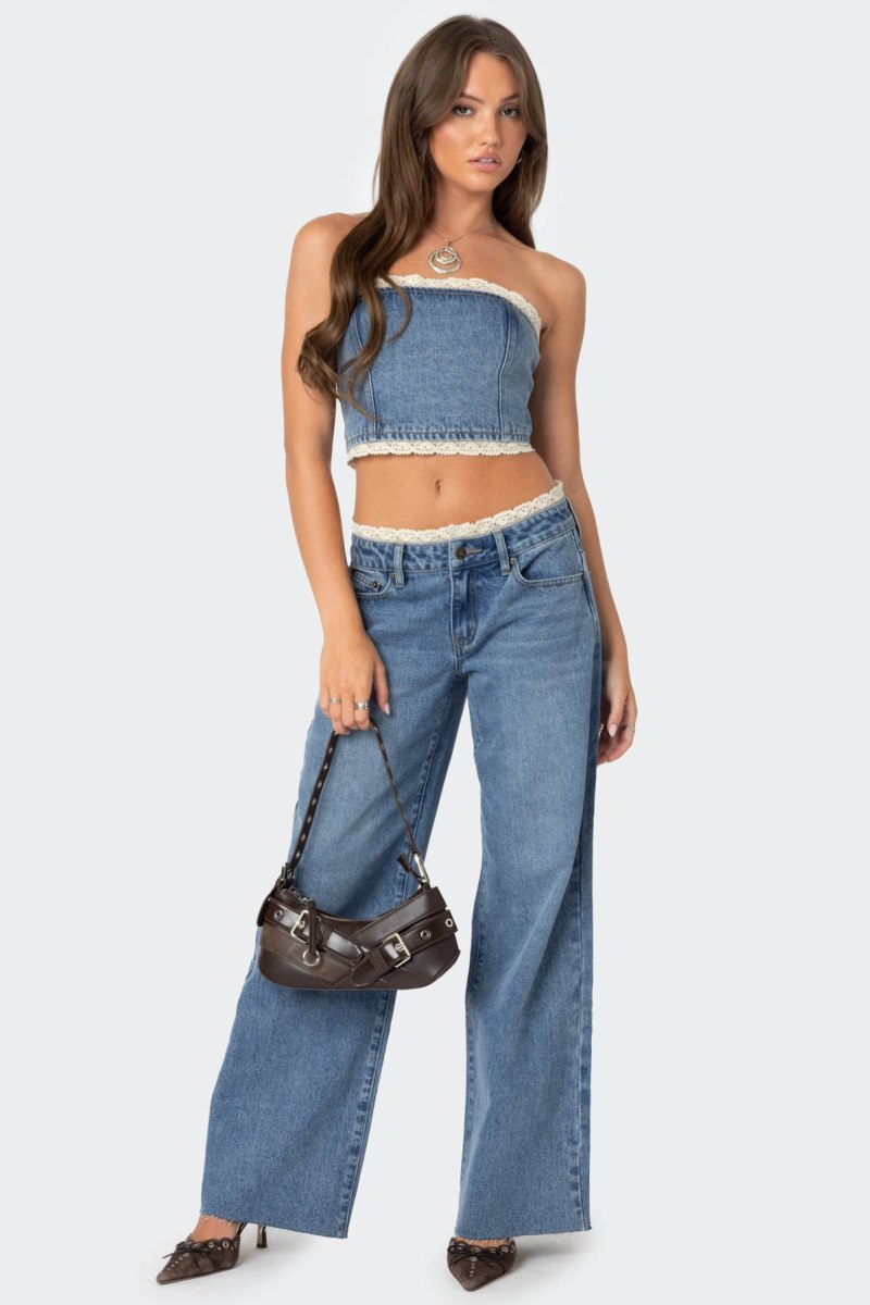 Edikted Karlie Lace Trim Denim Tube Strapless Tops Blue | USA DO756735Q6