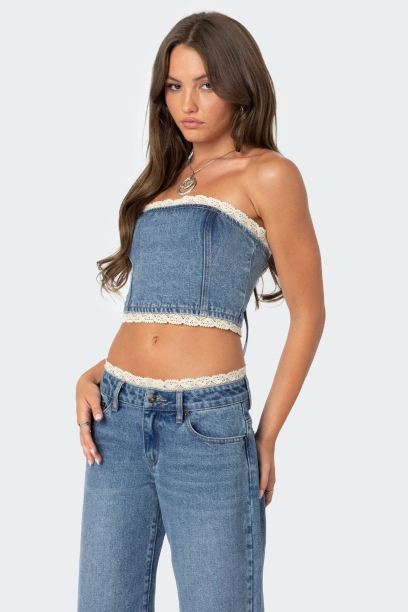 Edikted Karlie Lace Trim Denim Tube Strapless Tops Blue | USA DO756735Q6