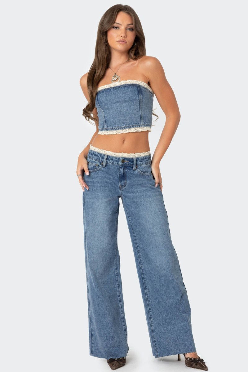 Edikted Karlie Lace Trim Denim Tube Strapless Tops Blue | USA DO756735Q6