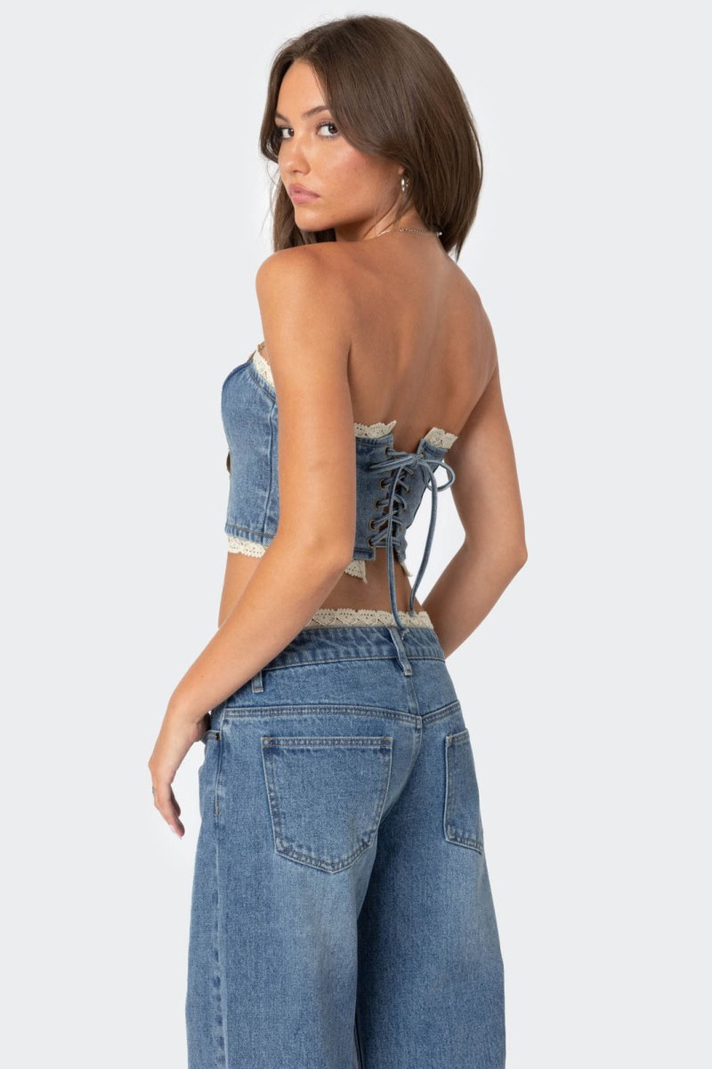 Edikted Karlie Lace Trim Denim Tube Strapless Tops Blue | USA DO756735Q6
