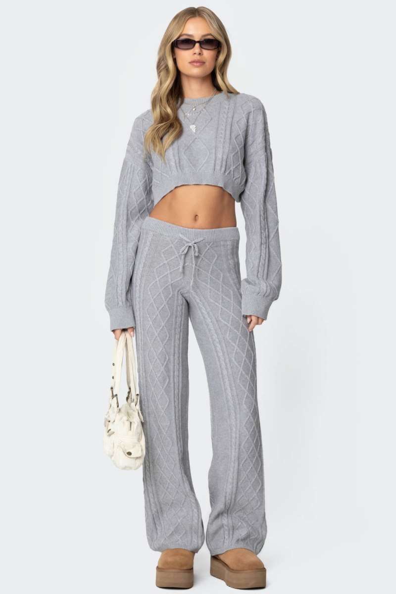 Edikted Kasey Cable Knit Cropped Sweater Long Sleeve Tops Gray Melange | USA CC963666B6