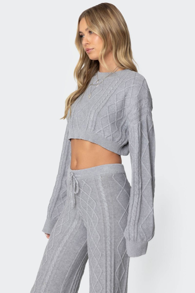 Edikted Kasey Cable Knit Cropped Sweater Long Sleeve Tops Gray Melange | USA CC963666B6
