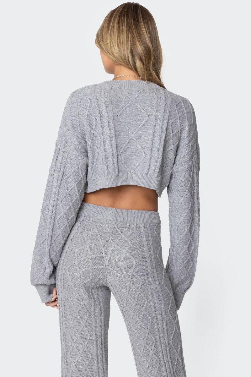 Edikted Kasey Cable Knit Cropped Sweater Long Sleeve Tops Gray Melange | USA CC963666B6