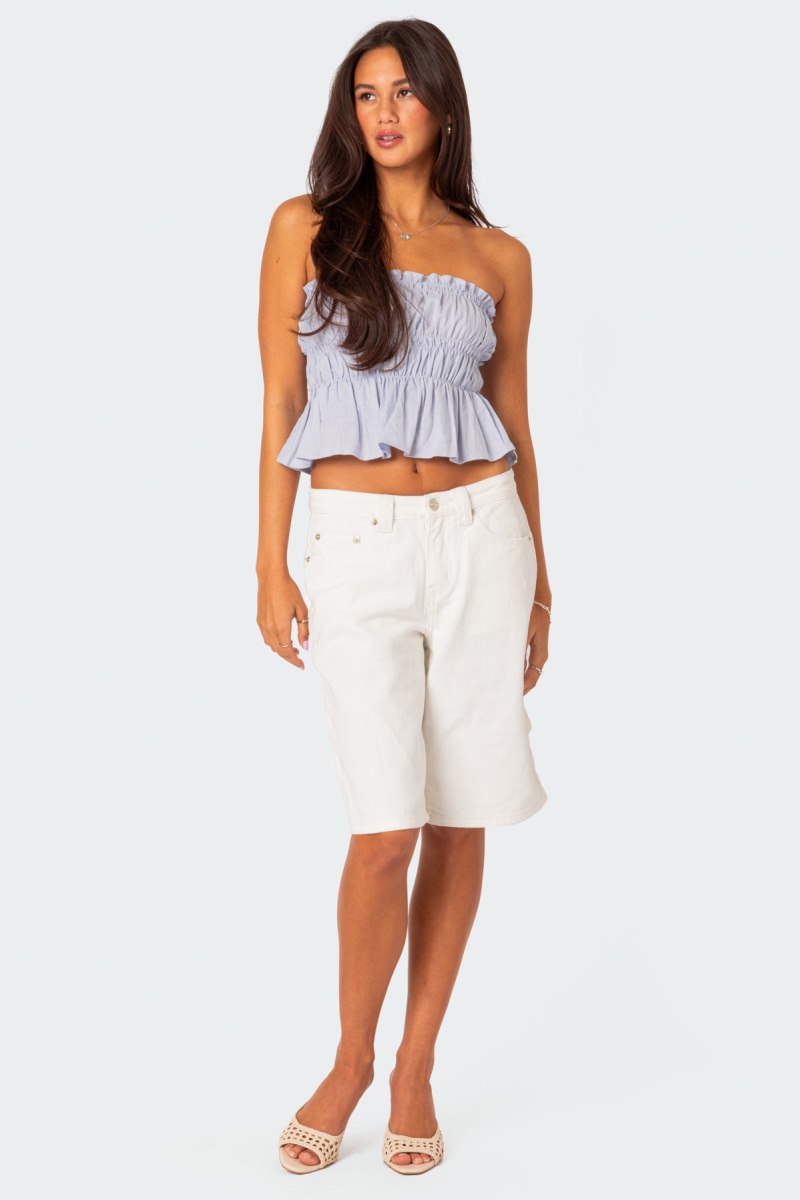 Edikted Katherine Linen Look Scrunch Strapless Tops Light Blue | USA CO465356R8