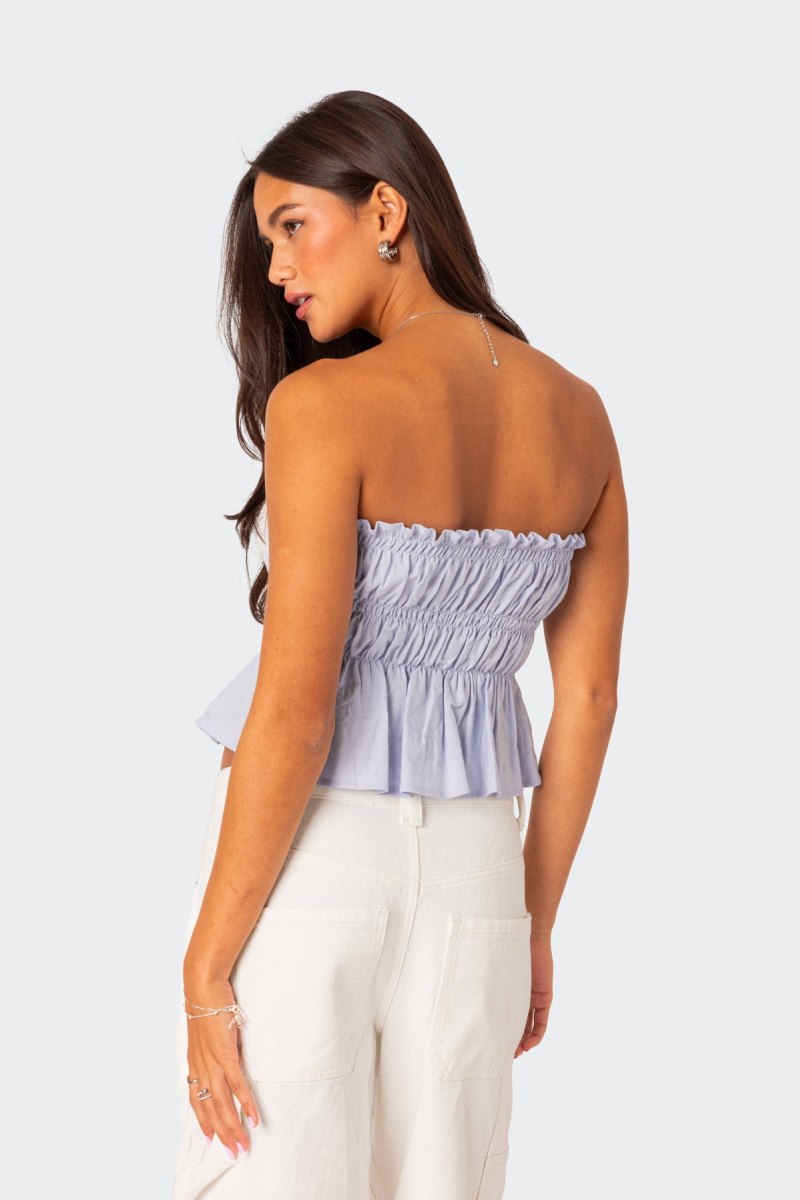 Edikted Katherine Linen Look Scrunch Strapless Tops Light Blue | USA CO465356R8