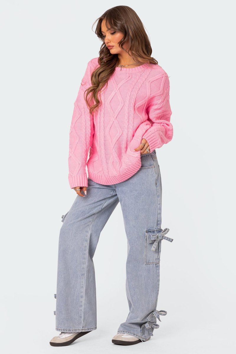 Edikted Kennedy Oversized Cable Knit Sweater Long Sleeve Tops Beige | USA RN261546R9