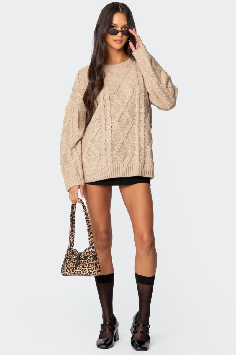 Edikted Kennedy Oversized Cable Knit Sweater Long Sleeve Tops Beige | USA WE699789Y3
