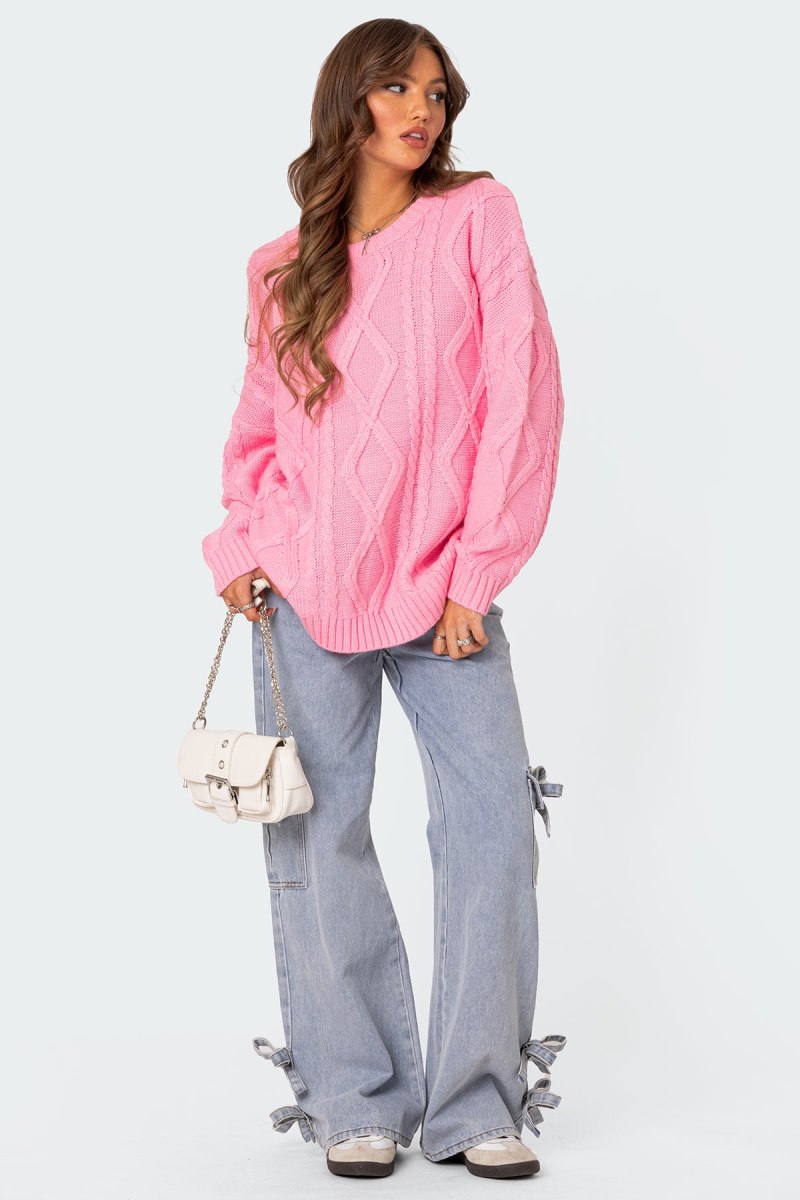 Edikted Kennedy Oversized Cable Knit Sweater Beige | USA EX313451A2