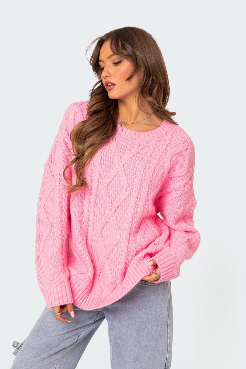 Edikted Kennedy Oversized Cable Knit Sweater Beige | USA EX313451A2