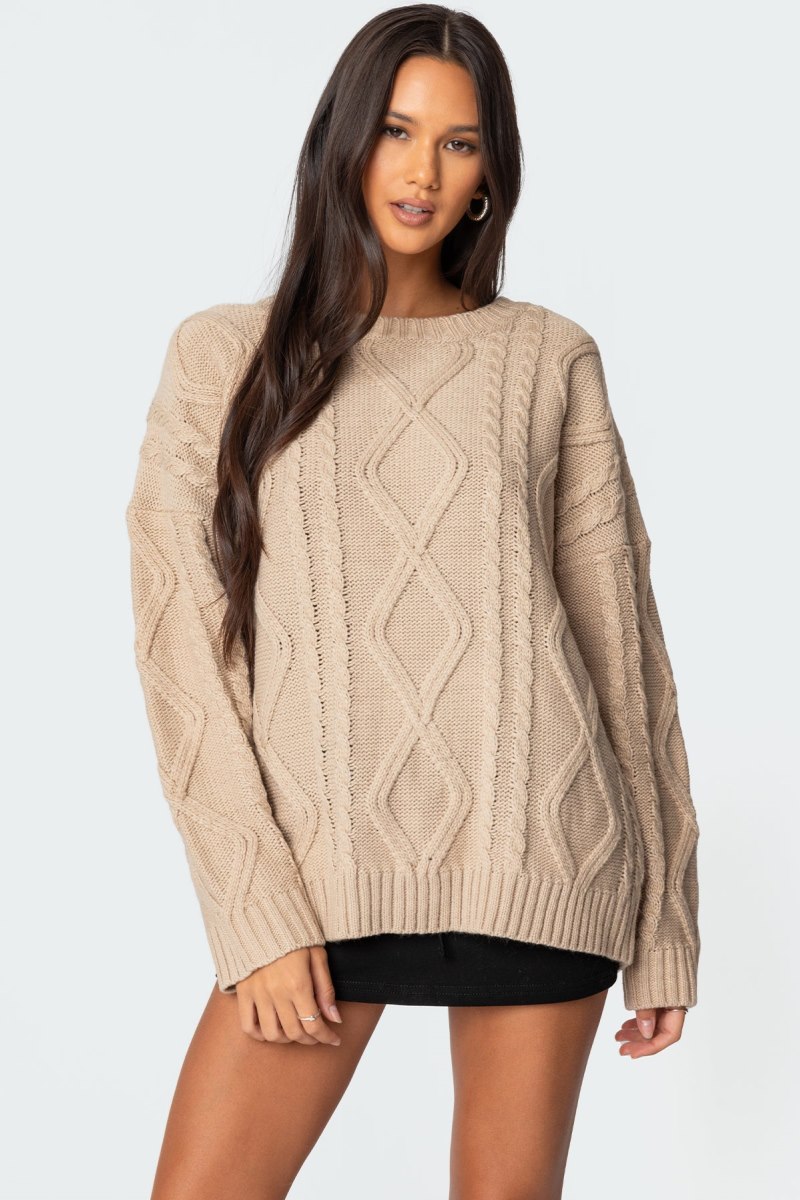 Edikted Kennedy Oversized Cable Knit Sweater Beige | USA RB180368F3