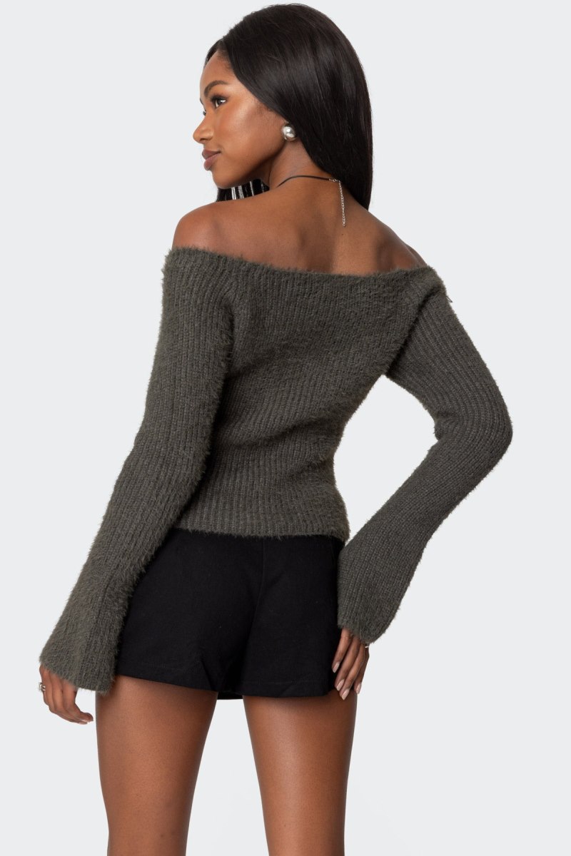Edikted Keyhole Off Shoulder Ribbed Knitted Tops Gray | USA EZ645054X1
