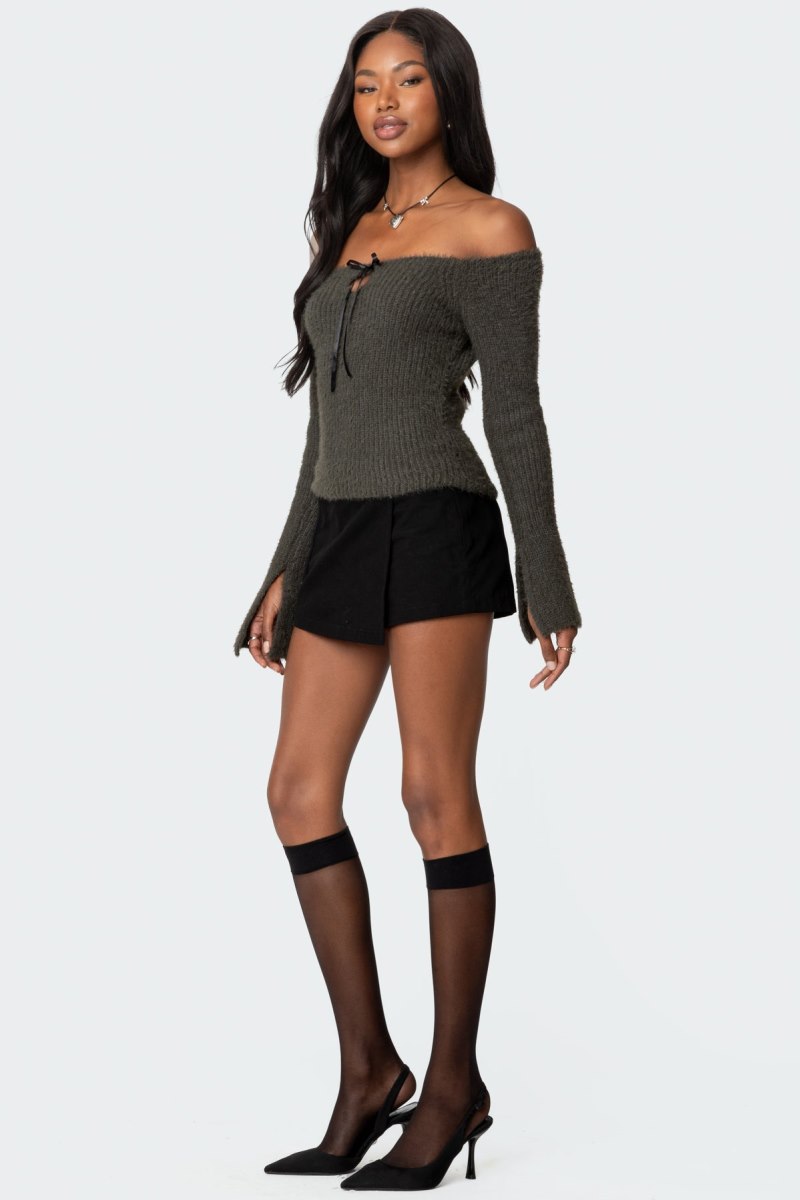 Edikted Keyhole Off Shoulder Ribbed Knit Long Sleeve Tops Gray | USA CA539313H1