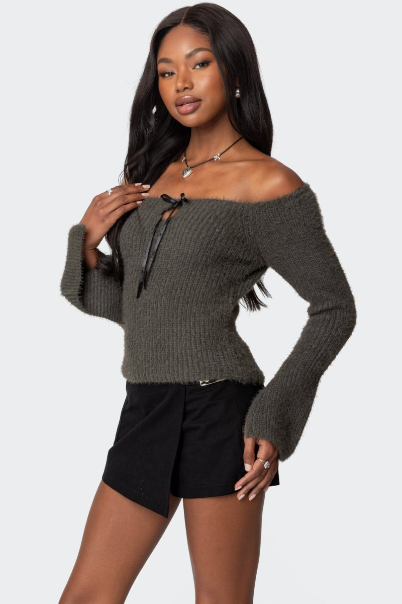 Edikted Keyhole Off Shoulder Ribbed Knit Long Sleeve Tops Gray | USA CA539313H1