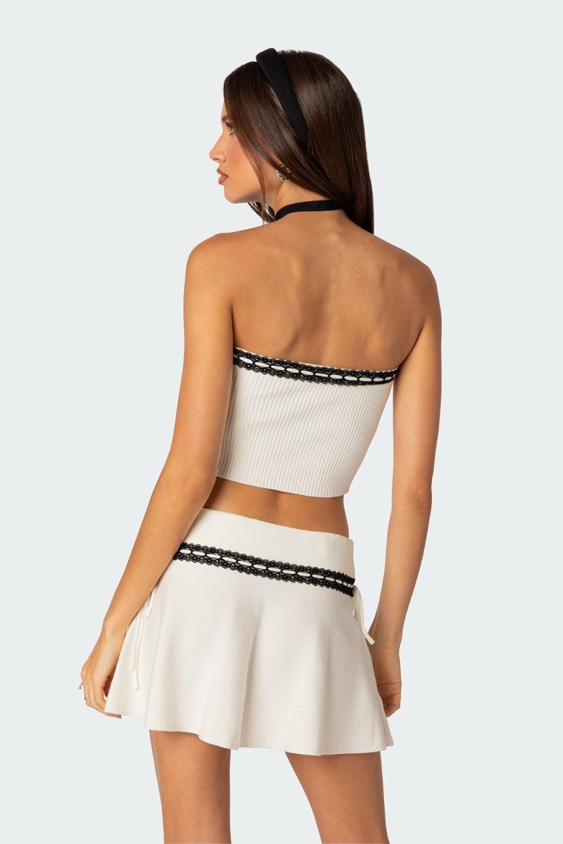 Edikted Khloe Lacey Ribbon Knit Tube Strapless Tops Black | USA LO788498W7